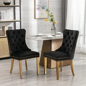 Dreamzon furniture Nikki Collection Modern, High-end Tufted Solid Wood Contemporary Velvet Upholstered Dining Chair with Golden Stainless Steel Plating Legs,Nailhead Trim,Set of 2，Black and Gold, SW1601BK