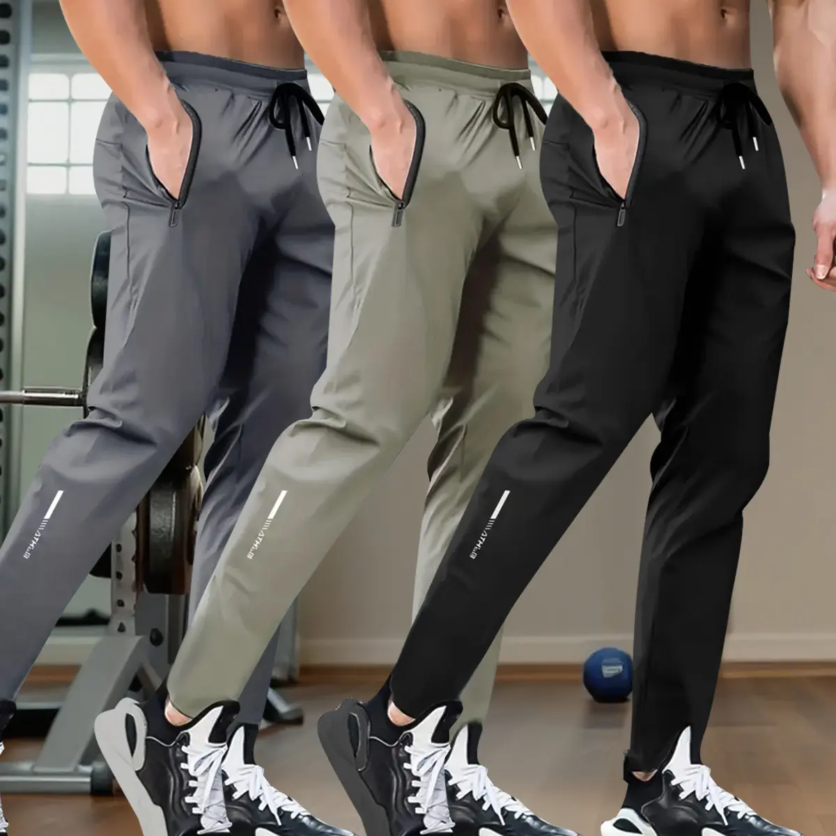 Men's Three-Piece Ice Silk Jogging Pants - Breathable - Stretchy Sports Trousers with Zippered Pockets - Suitable for Running, Fitness, and Outdoor Activities - Running Gear - Casual Sportswear - High Elasticity