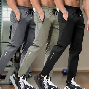 Men's Three-Piece Ice Silk Jogging Pants - Breathable - Stretchy Sports Trousers with Zippered Pockets - Suitable for Running, Fitness, and Outdoor Activities - Running Gear - Casual Sportswear - High Elasticity