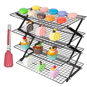 4-Tier Stainless Steel Collapsible Cooling Rack, Space-Saving Compact Portable Bakeware for Baking Cookies/Cake, Roasting, Outdoor Camping Picnic, Durable Premium Quality Easy to Clean Wire Shelf