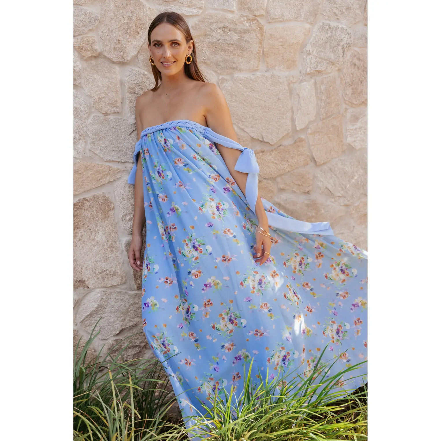 Codie Off Shoulder Maxi Dress - Cornflower Blue Floral