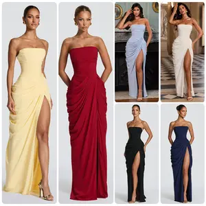 2026 European and American New Style Asymmetrical Pleated Sexy High-Slit French Romantic Strapless Pleated Slit Dress