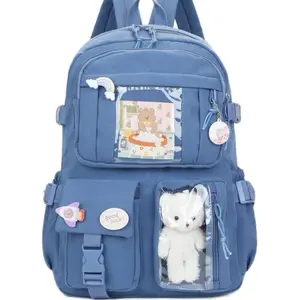 2024 Cute Women's Backpacks Waterproof Multi-Pocket Nylon School Backpack for Student Female Girls Kawaii Laptop Book Pack Mochilas First Day of School College Backpack Street & Japanese Style Blue with Teddy Bear Accessory