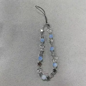 New Acrylic Beaded Phone Chain with Ice-Transparent Blue, Cute Girl Style Pendant, Anti-Drop Phone Strap, Fashion Beaded Chain, Cell Phone Charm