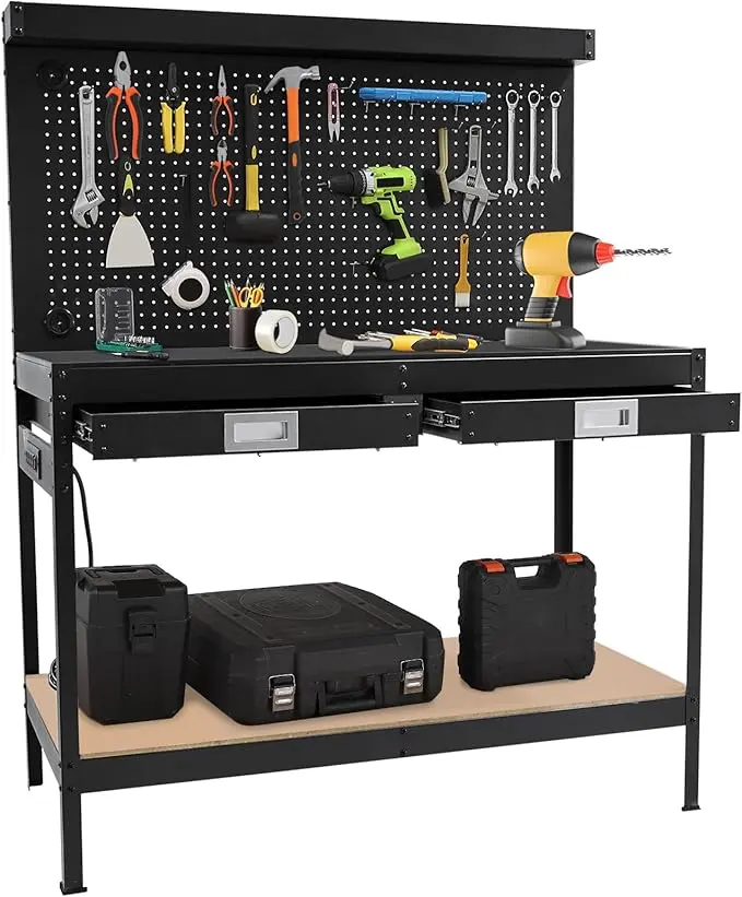 48" Adjustable Height,3-Tier Heavy-Duty Portable Workbench with Power Outlets and Drawer for Garage & Workshop, 880 LBS Load Capacity, Work Table for Office, Home, Easy Assembly