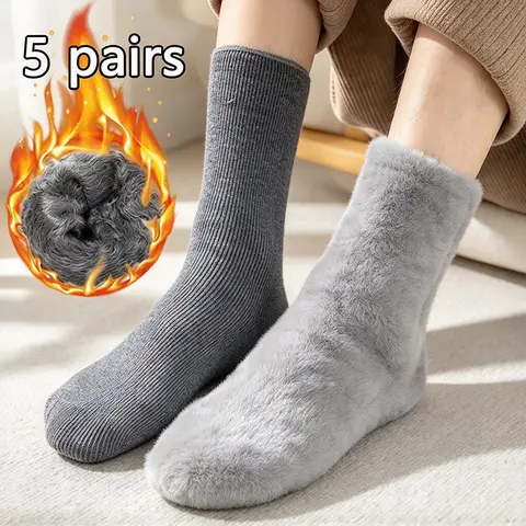 Women's 5 Pairs Mid-Calf Socks - Thick Fleece Lined, Cold-Proof, Warm, Random Colors, Unisex Floor Socks, Ideal for Autumn Winter, Valentine's Day & Christmas Gifts (Womenswear)