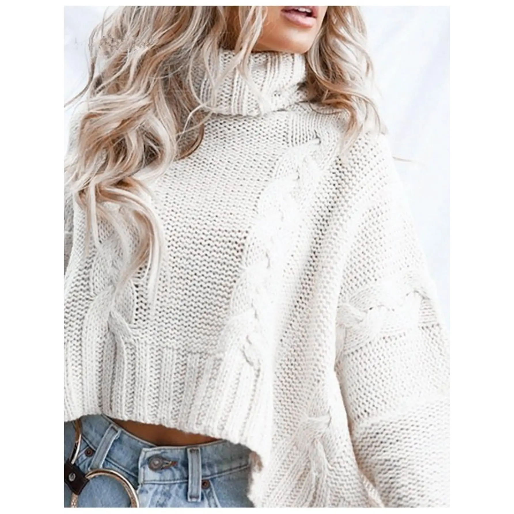 HERTALK Winter Short Asymmetrical High-Neck Sweater - 7/8 Sleeve Cropped Top, Loose H-Line Silhouette, Solid Color Casual Blouse for Fall/Winter, Machine Washable
