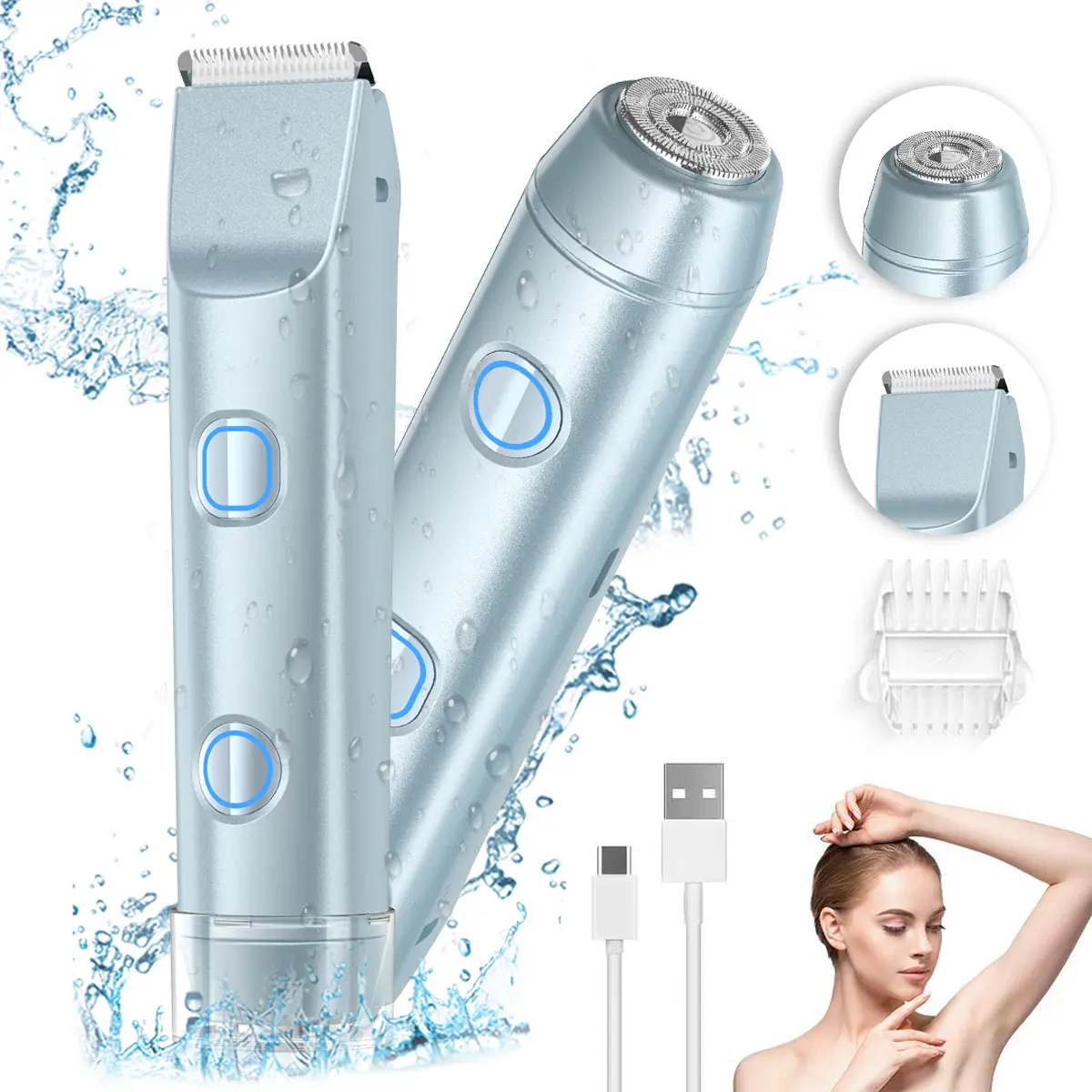 Electric Hair Trimmer, 1 Box Portable Electric Shaver with Rechargeable Hair Removal, Electric Razor for Women, Beach-Ready for Bikini Season 2-in-1 Dual-Head Shaver, Waterproof & Painless, Gentle for Sensitive Skin, Gift-Ready Grooming Kit Smooth Handle