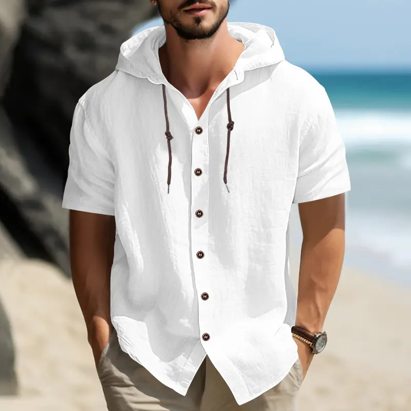 Men's Short-Sleeve Half-Zip Pullover Hoodie - Breathable Loose Plain Menswear Clothes, Linen Fabric, Summer Vacation Top, qcaa-402 White/Beige, Size M