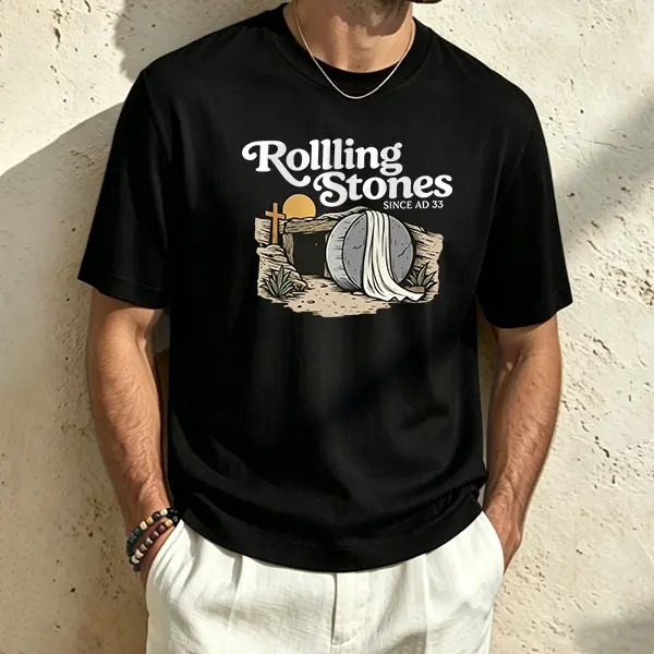 Men's Vintage Rolling Stones Crew Neck T-Shirt - Pure Cotton Loose Fit, Breathable Skin-Friendly, God Over All Things Phrase, Bold 'GOAT' Text, Letters, Machine Washable Street-Style Casual Top