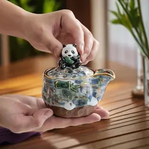 Hand Drawn Panda Cover Bowl with Detailed Ceramic Design and Gold Accents for Tea Lovers