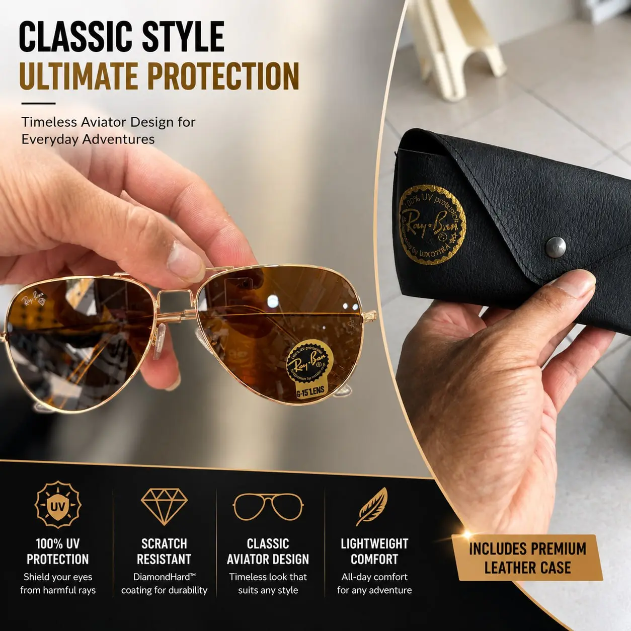 Ray-Ban Clubmaster Heritage Sunglasses – Black Frame Designer Eyewear for Men