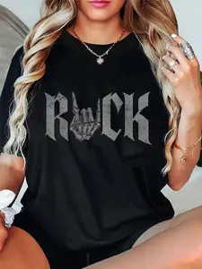 100% Cotton Unisex Rock On Skeleton Hand Rock and Roll Rock Music Band Round Neck Short Sleeve T-Shirt Women's Men Graphic Tee