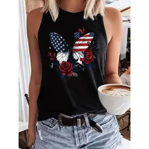 Happy Independence Day 1 Piece INFASHULE Women's Patriotic Butterfly and Rose Pattern Tank Top - 180g Lightweight Breathable Polyester Blend - Spandex Blend, Spring Summer Autumn Casual Sleeveless Round Neck Top, Machine Washable