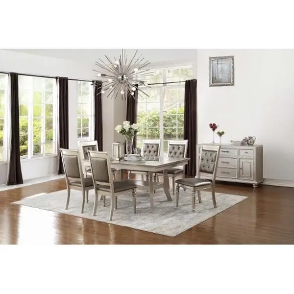 Bellemave 7-Pieces Traditional Formal Dining Room Set - Silver Finish Glass & Wood Table, 6 Tufted Upholstered Seats, Indoor Furniture Set, Dining Room Sets