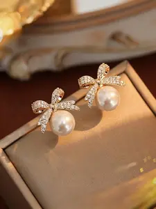 Women's Fashion Shiny Faux Pearl Bow Earrings, Versatile Earrings, Perfect for Weddings, Parties, Daily Wear, Vacations, Special Occasions