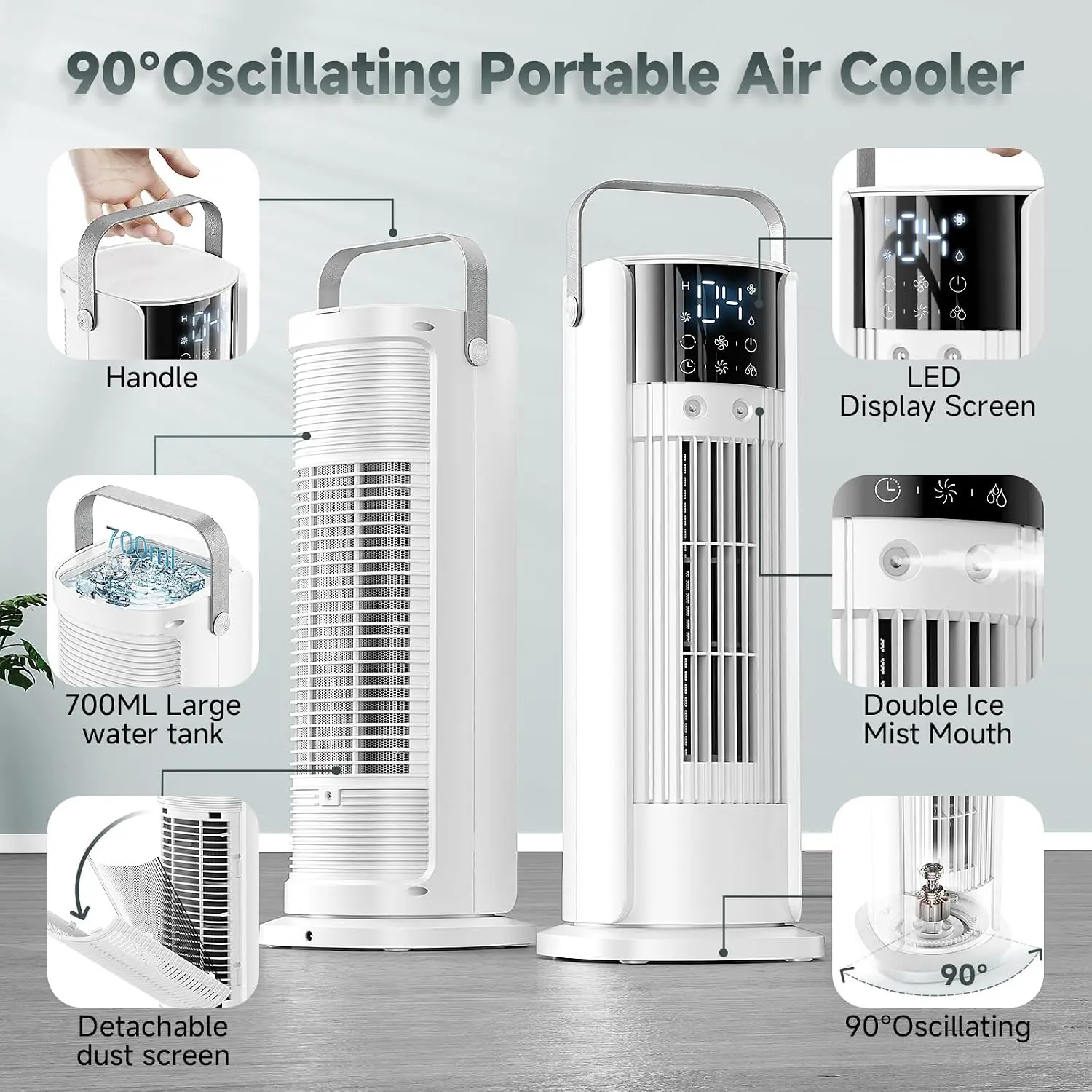 Portable Air Conditioners Tower Fan, 16" Evaporative Air Cooler with Remote, 90° Oscillating & 4 Wind Speeds, Cool Mist & 2-10H Timer, Touch Screen Cooling fan Air Conditioner for Room Office Camping
