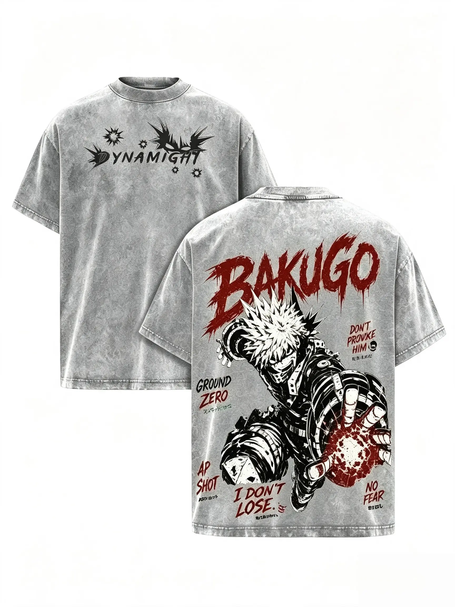My Hero Academia Katsuki Bakugo Oversized Washed Short-Sleeve Tee - Dynamight Graphic, Y2K Vintage Bootleg, Heavyweight Streetwear Shirt, ,gift shirt,funny meme tee,men's t shirts,short sleeve,cotton graphic tees,graphic shirts,vintage shirts