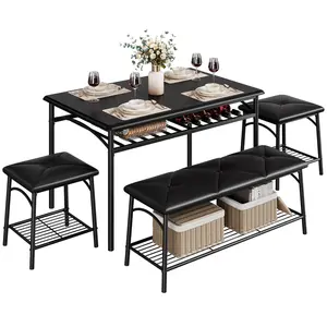 Garvee Modern Dining Table Set for 4 with Metal Frame, Includes 2 Chairs and 1 Bench, Features Storage Rack, Ideal for Small Spaces, Apartments, and Restaurants