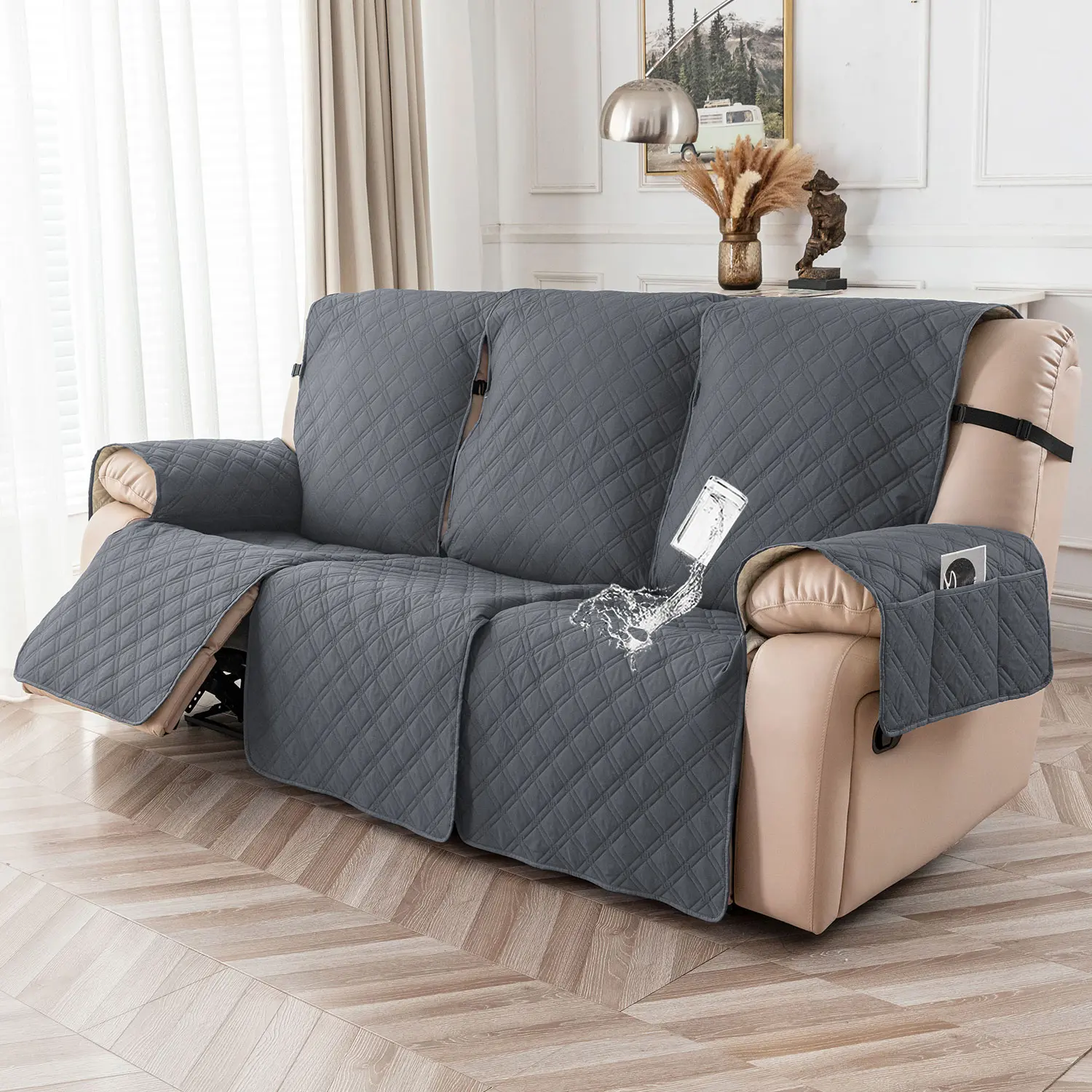 3-Seat Waterproof Recliner Cover, Non-Slip, Washable Sofa Cover with Pockets, Pet-Friendly Durable Adjustable Sleeper Chair Protector