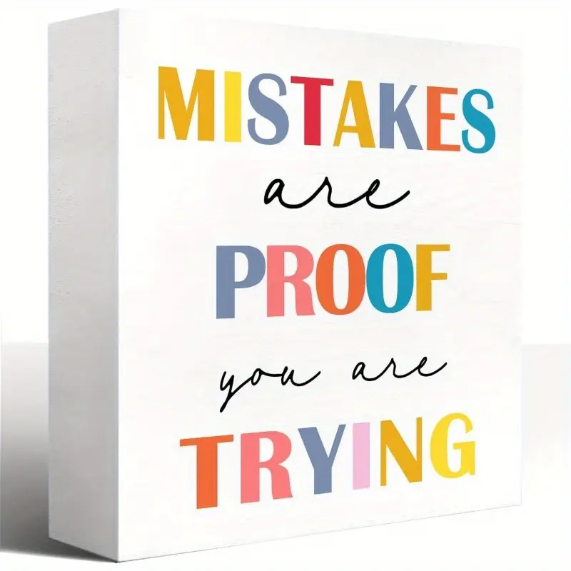 Motivational Wooden Block Sign Classroom Shelves Decor, Mistakes Are Prool You Are Trying Wood Box Sign, Cute Small Pediatrics Decoration for Kids Room School Nursery 5x5 inch