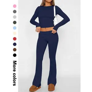 Two-Piece Set Women's Solid Color Long Sleeve Crop Tee & Flare Leg Pants, Minimalist Casual Fashion Cozy Round Neck Top & Bell Bottom Trousers for Daily Outdoor Wear, Women's Clothing for Fall & Winter