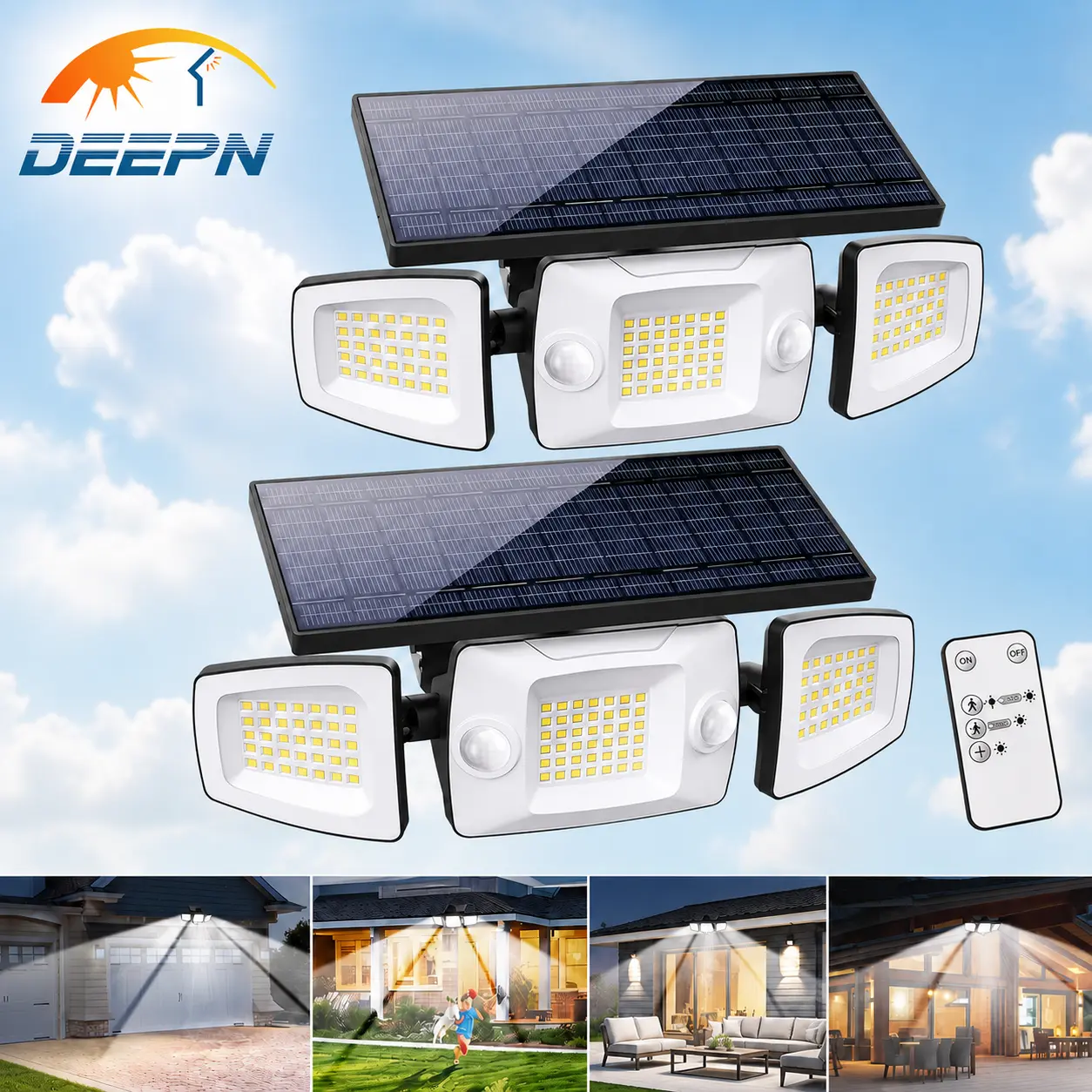 DEEPN Solar Outdoor Wall Lights, IP65 Waterproof Solar Flood Lights Outdoor with Dual Motion Sensors, 3 Modes Security Solar Lights Outdoor with Remote, 270° Wide Angle 3 Heads Flood Area Light for Garage
