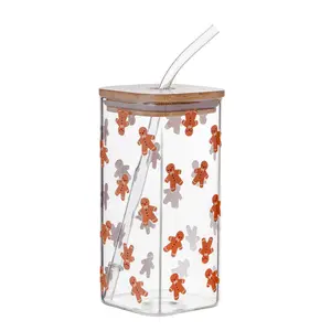 Gingerbread Man Clear Square Glass Sipper - 1PK, Ideal for Sip Drinks, Drinkware