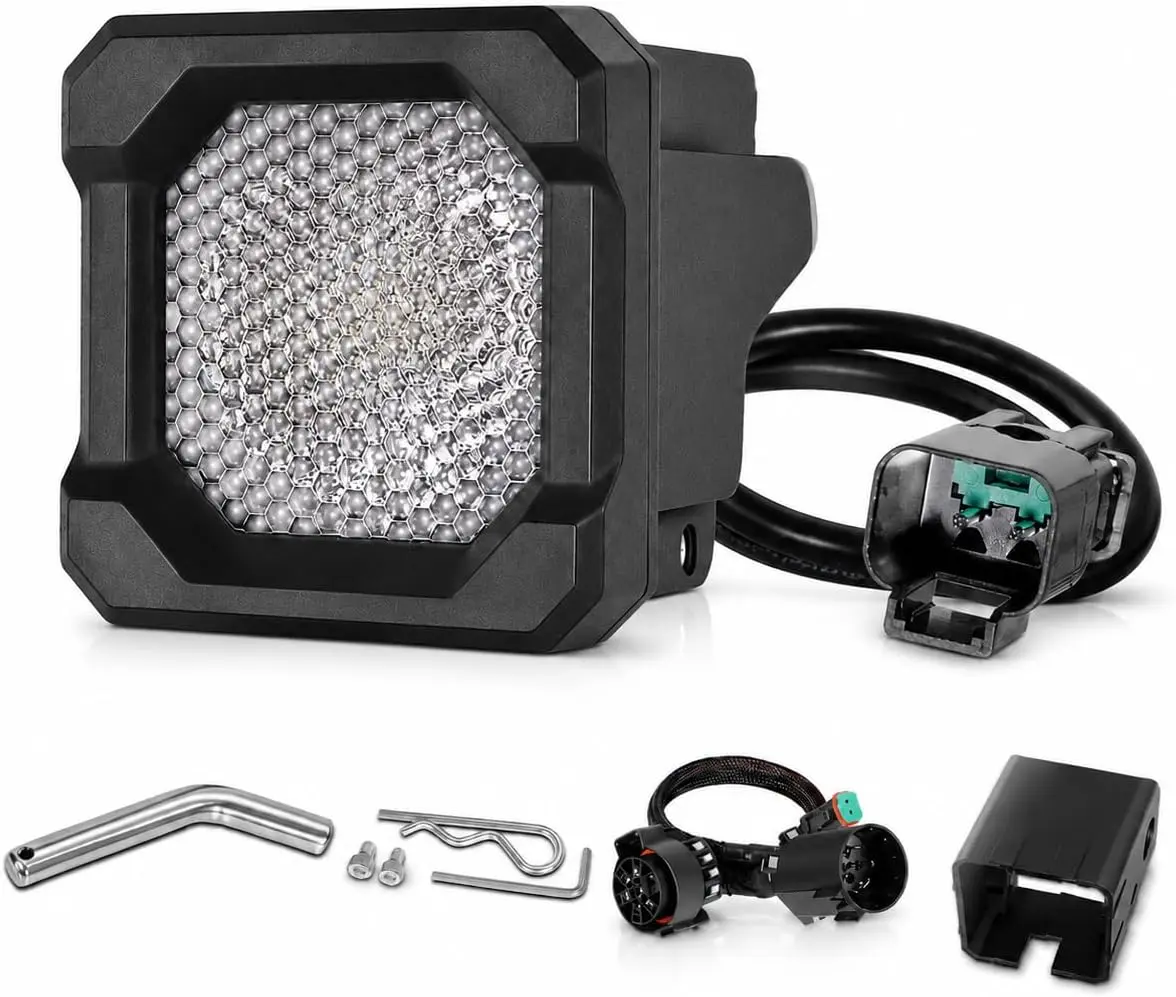 2x2 Hitch Mount Reverse Light Kit, Flood LED Pod with Red Running Light, Plug-n-Play 7-Pin Trailer Hitch Light for Truck, SUV, Off-Road