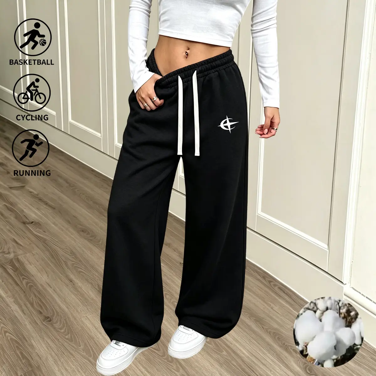 Women's Printed Casual Activewear Pants - 1 Pair Loose Minimalist Wide-Leg Joggers, Stretchy Elastic Waistband with Drawstring Fit, Cotton Fabric, All-Season, Machine Washable, Casual Wear, Elastic Drawcord Pants for Women