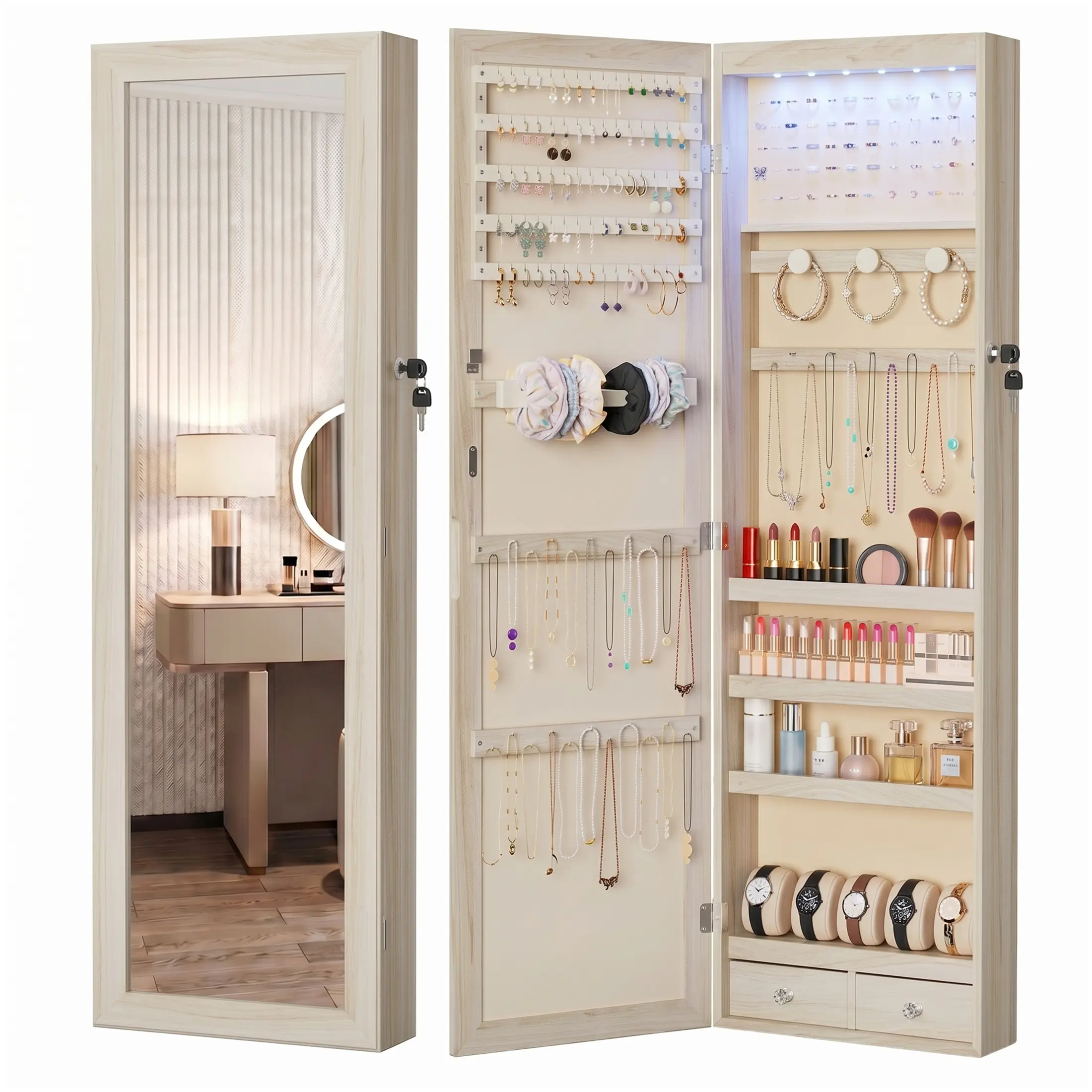 Sweetcrispy Full-Length Mirrored Jewelry Cabinet - Lockable White Indoor Storage Cabinet with Built-In Makeup Mirror and 2 Modern Chest Drawers