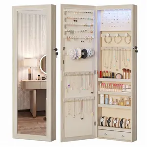 Sweetcrispy Full-Length Mirrored Jewelry Cabinet - Lockable White Indoor Storage Cabinet with Built-In Makeup Mirror and 2 Modern Chest Drawers