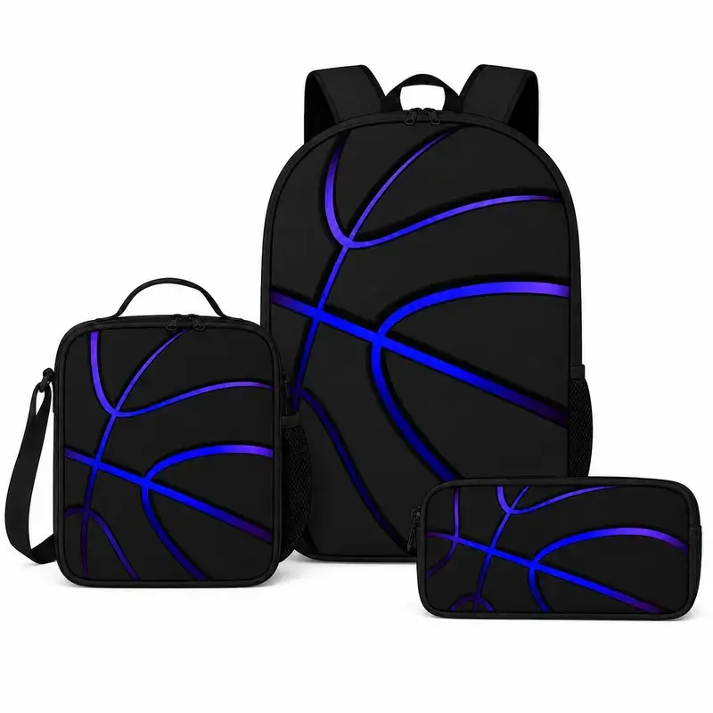 Blue Basketball Pattern 3-Piece Sports Backpack Combo - Includes Backpack, Lunch Bag, Pencil Case (Sports & Outdoor Gym Accessory)