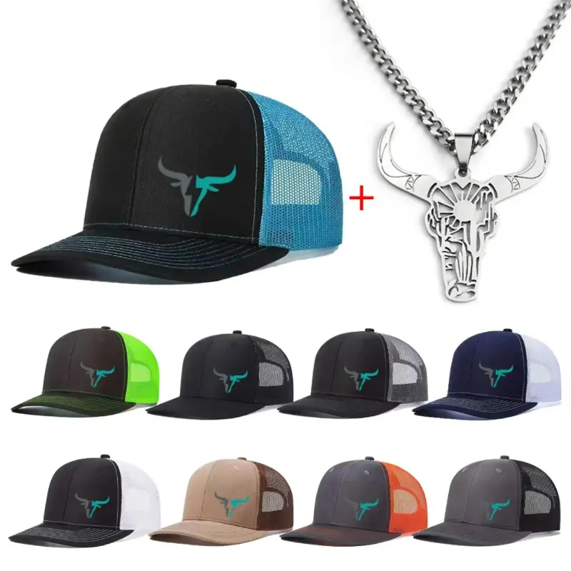 Unisex Bull Embroidery Necklace & Trucker Hat Set - Adjustable Outdoor Baseball Cap, Mens Western Style Rodeo Outfit Inspo, Breathable Polyester, Casual Fitted, All-Season Daily Fashion Accessory, Adjustable Outdoor Cap, Baseball Cap Adjustable