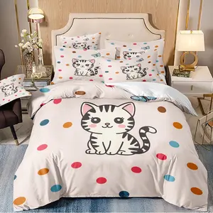 3-piece duvet cover set with a sitting kitten cartoon illustration pattern, 3D digital printed bedding, suitable for bedroom and guest room home decoration (1 duvet cover 2*pillowcases, duvet not included) Machine washable, zipper