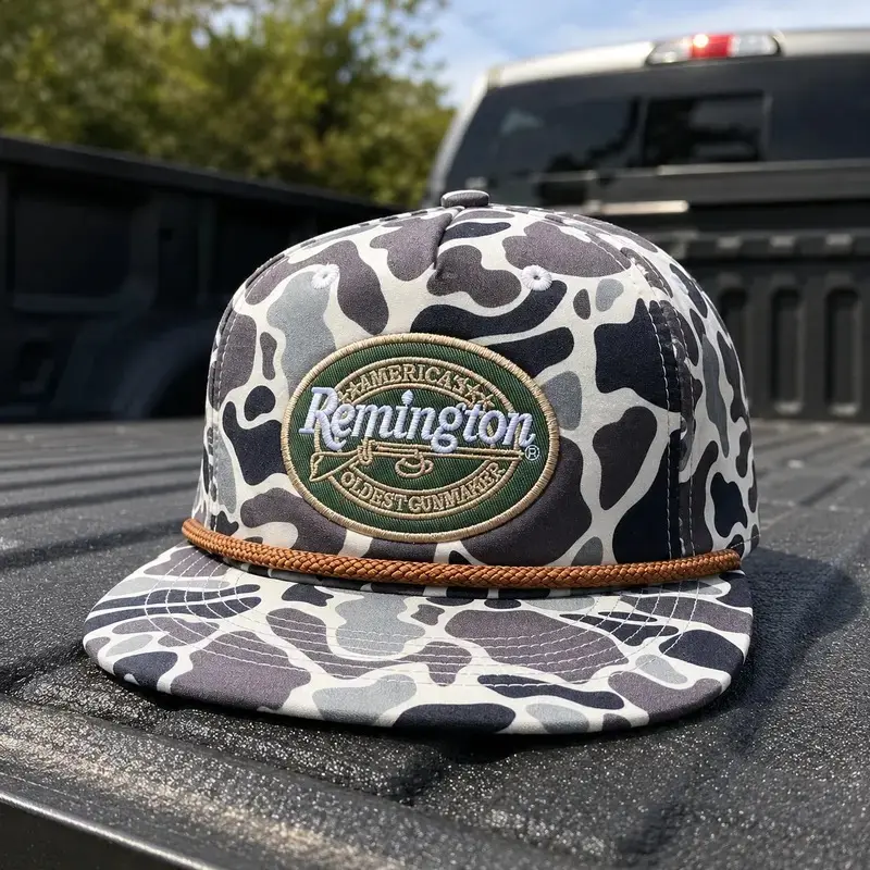 Remington Duck Camo Rope Hat, Embroidered Flat Bill Snapback Cap, Adjustable Hunting Hat for Men