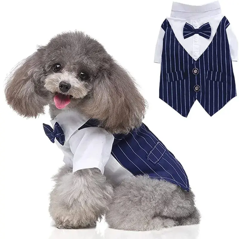 Dog Striped Tuxedo Shirt with Bow Tie - Polyester Single-Set Puppy Clothes & Outfits, Small/Medium/Large Formal Gentleman Apparel for All Seasons