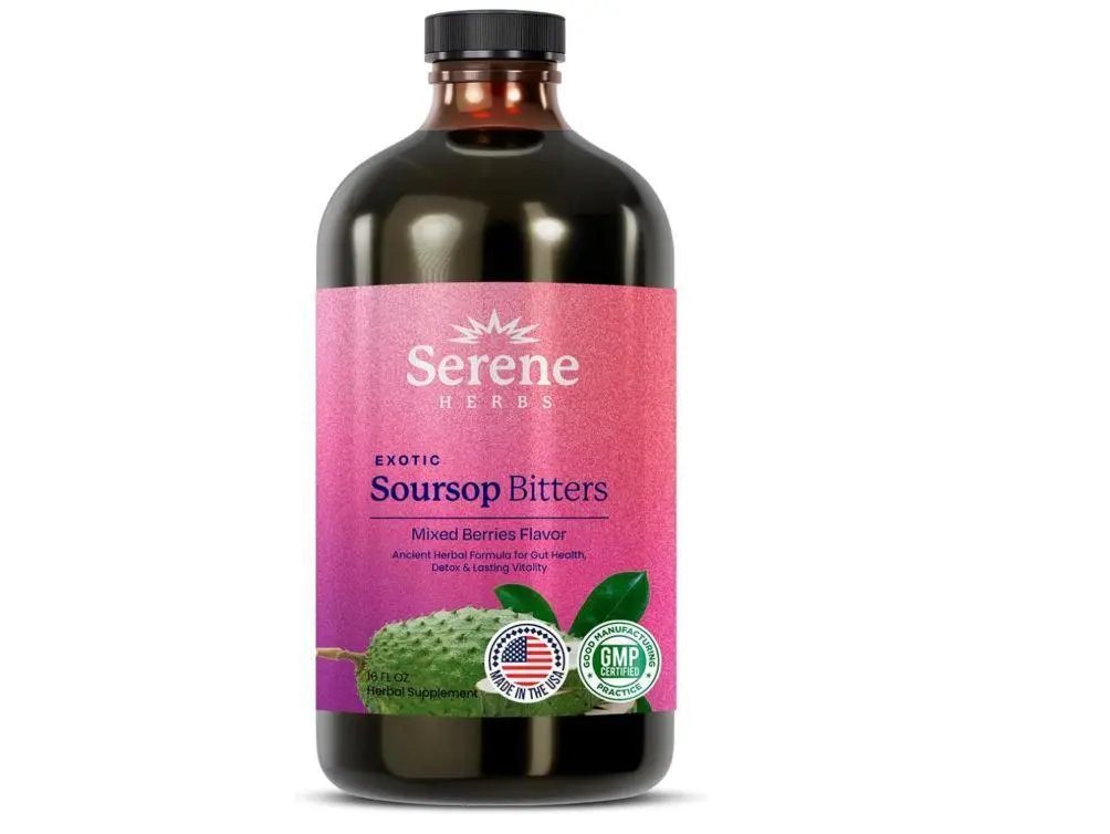 Serene Herbs Soursop Bitters Liquid with Soursop Leaves for Gut Cleanse, Detox & Immune Boost with Black Seed, Moringa, Irish Moss, Ashwaganda, Turmeric, 16 fl oz (16 Fl Oz (Pack of 1), Mixed Berry)