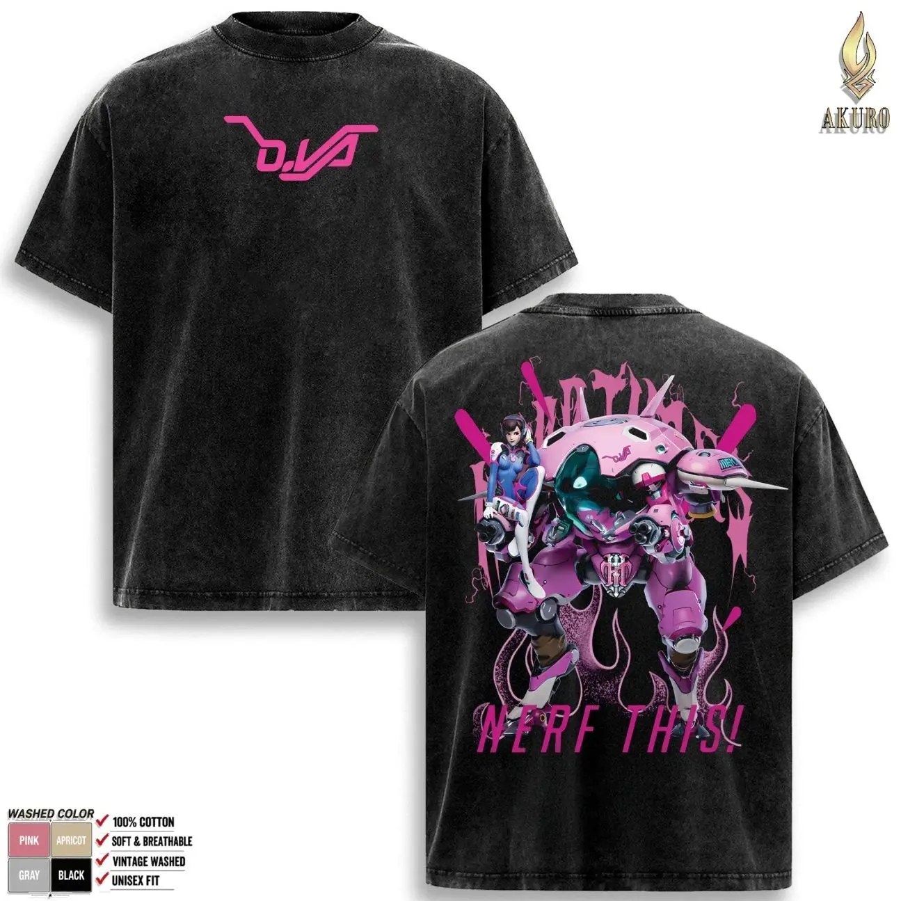 D.va Overwatch, Blizzard Collection Game Oversized Washed Tee Acid Washed Lightweight TSHIRT, Gift for him her Clothes Cotton 5VI