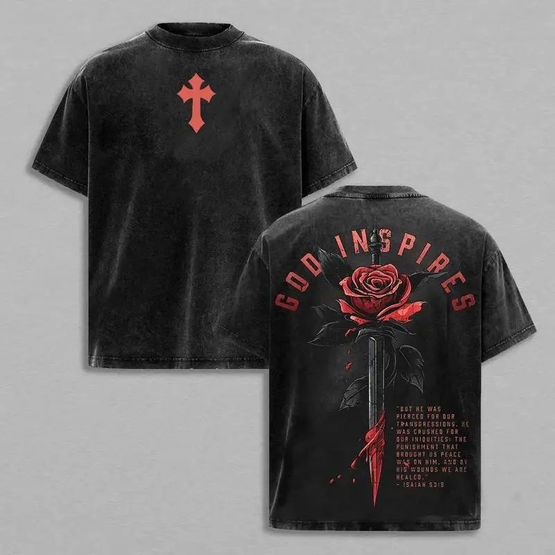 God Inspires Rose Sword Vintage Washed Crew Neck Cotton Graphic Tee Isaiah 53 5 Bible Verse Jesus Christian Faith Streetwear Casual Daily Church Outfit Religious Gift For Believers Adult Men Women Fashion Tops
