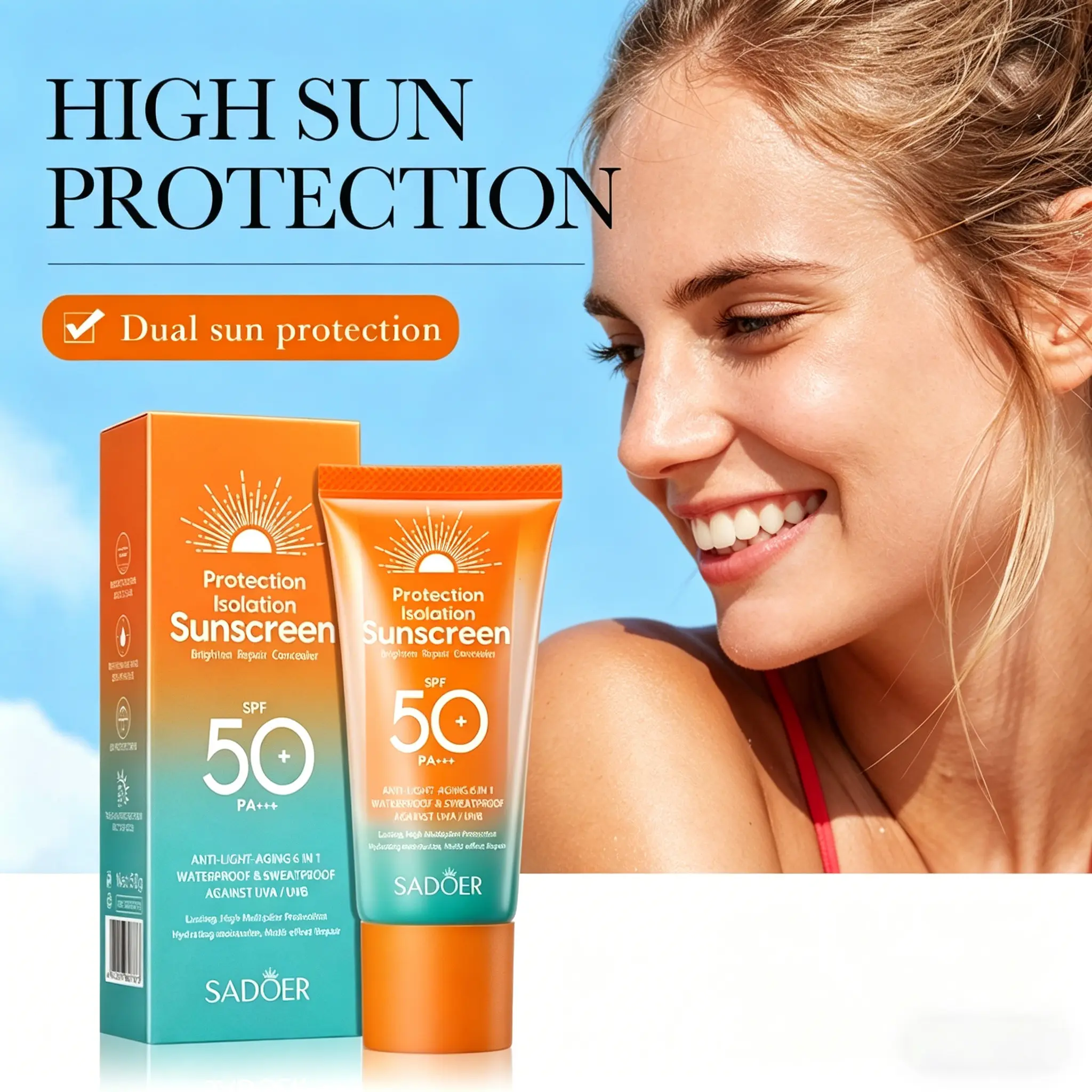 Waterproof Facial Sunscreen Isolation Cream, SPF50+ PA+++ UVA/UVB Protection for Sensitive Skin, Lightweight Hydrating Formula with a Radiant Finish