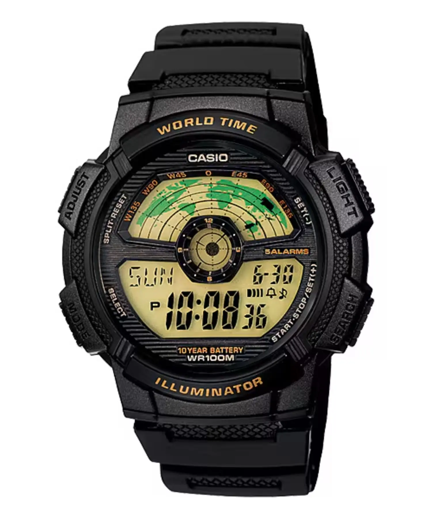 Casio Men’s Black Digital World Time Watch with Gold-Tone Display - AE-1100W-1BV