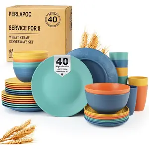 Wheat Straw Dinnerware Set 40 PCS - Service for 8 |   and Sets |   Dishes Set - Dinner, Dessert,, Drinking, Dishwasher Safe - Multi