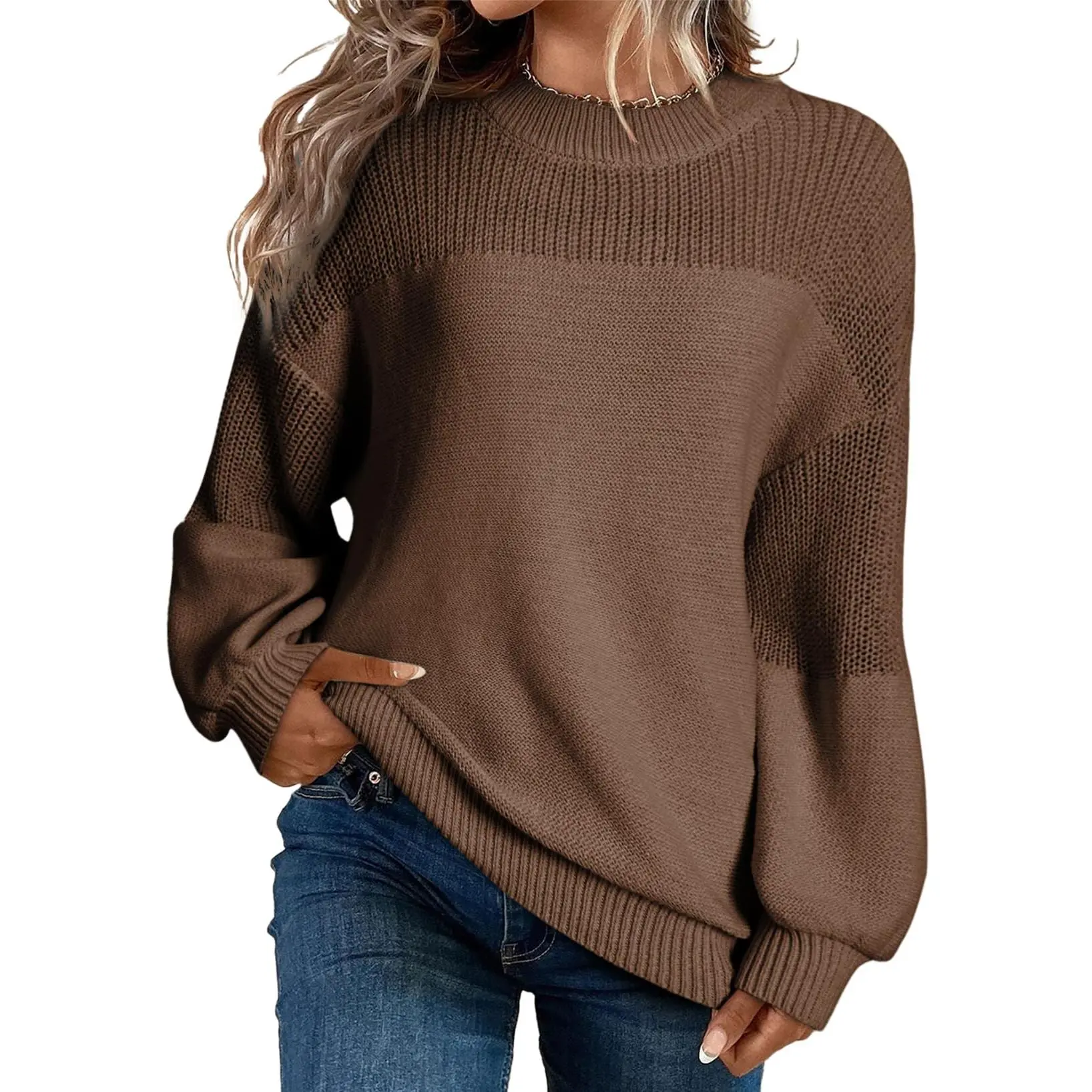 Womens Long Sleeve Knit Sweater Casual Solid Color Crew Neck Fall Sweaters for Women Trendy 2025 Outfits Chocolate Brown Fall Clothes Clothing Winter Oversized Pullover Top Jumper Medium