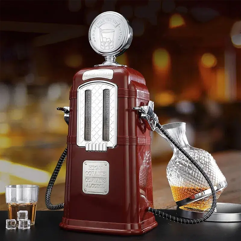 CNCEST Dark Red 67.6oz Liquor Decanter Set, Gas Station-Style Alcohol Beer Dispenser with 2 Pumps, Home Kitchen Appliance for Parties
