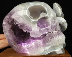 Amazing 5.7" Agate Amethyst Geode Carved Crystal Skull with Snake, Crystal Healing