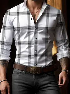 Men's Plaid Checkered Print Checked Button Closure Shirt, Casual Button Down, Regular Fit Fitted Casual Long Sleeve Collared Top for All Seasons, Men's Clothes for Daily Wear