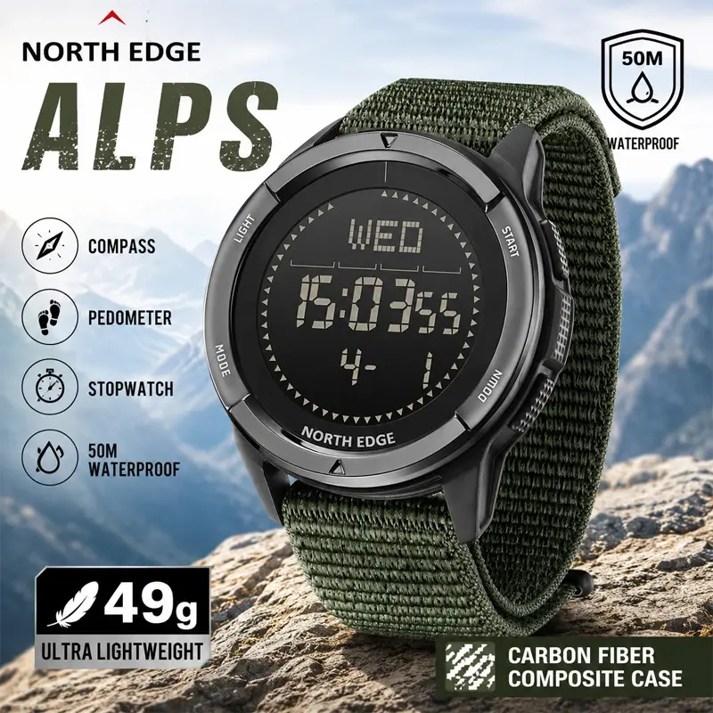 NORTH EDGE ALPS Waterproof Digital Watch for Men Carbon Fiber Compass Step Counter Metronome Outdoor Swimming Field Watch alarm stopwatch luminous trendy multifunctional Watch Reloj Hombre