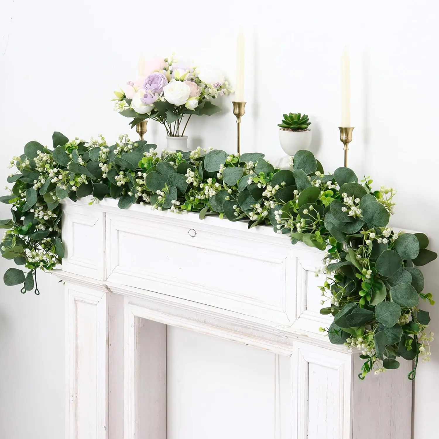 4 Packs 5.9 Ft Hand-Made Silk Artificial Eucalyptus Garland with Flower Leaves, Fake Greenery Hanging Vines for Wedding Table, Home Wall Decor, Mantle Backdrop Supplies, Leaf
