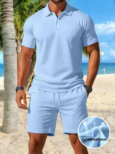 Men's Summer Quick-Dry Casual Plain Sports Set, Includes Polo Shirt and Shorts, Breathable Stretch Fabric, Lightweight Comfort Design, Menswear
